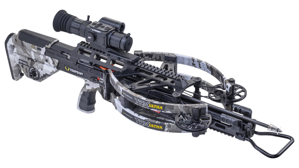 TenPoint TRX Ultra Vision crossbow with reverse-draw design and scope mounted for hunting