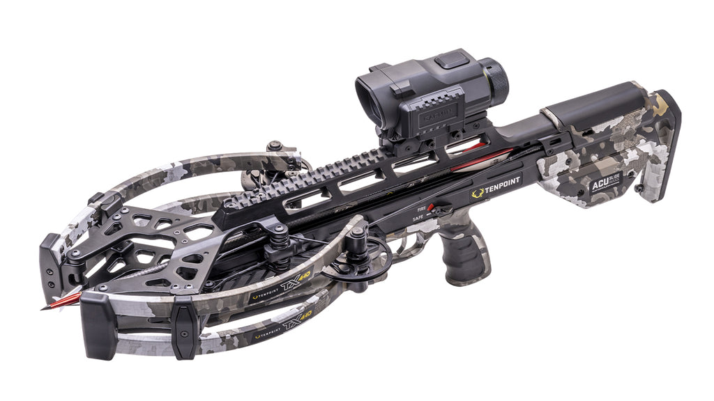TenPoint TX 440 XERO crossbow with rangefinding scope mounted, 440 FPS forward-draw design