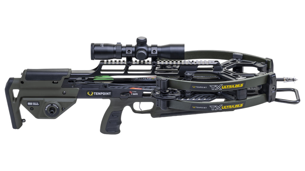 TenPoint TX Ultra 26.5 crossbow with scope mounted, high-performance forward-draw design for hunters and competitive shooters