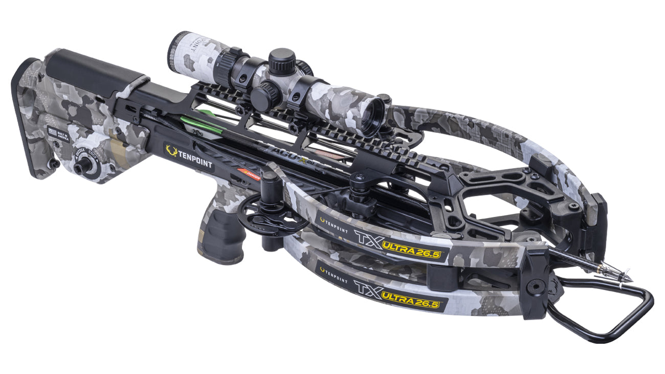 TenPoint TX Ultra 26.5 crossbow with scope mounted on white background