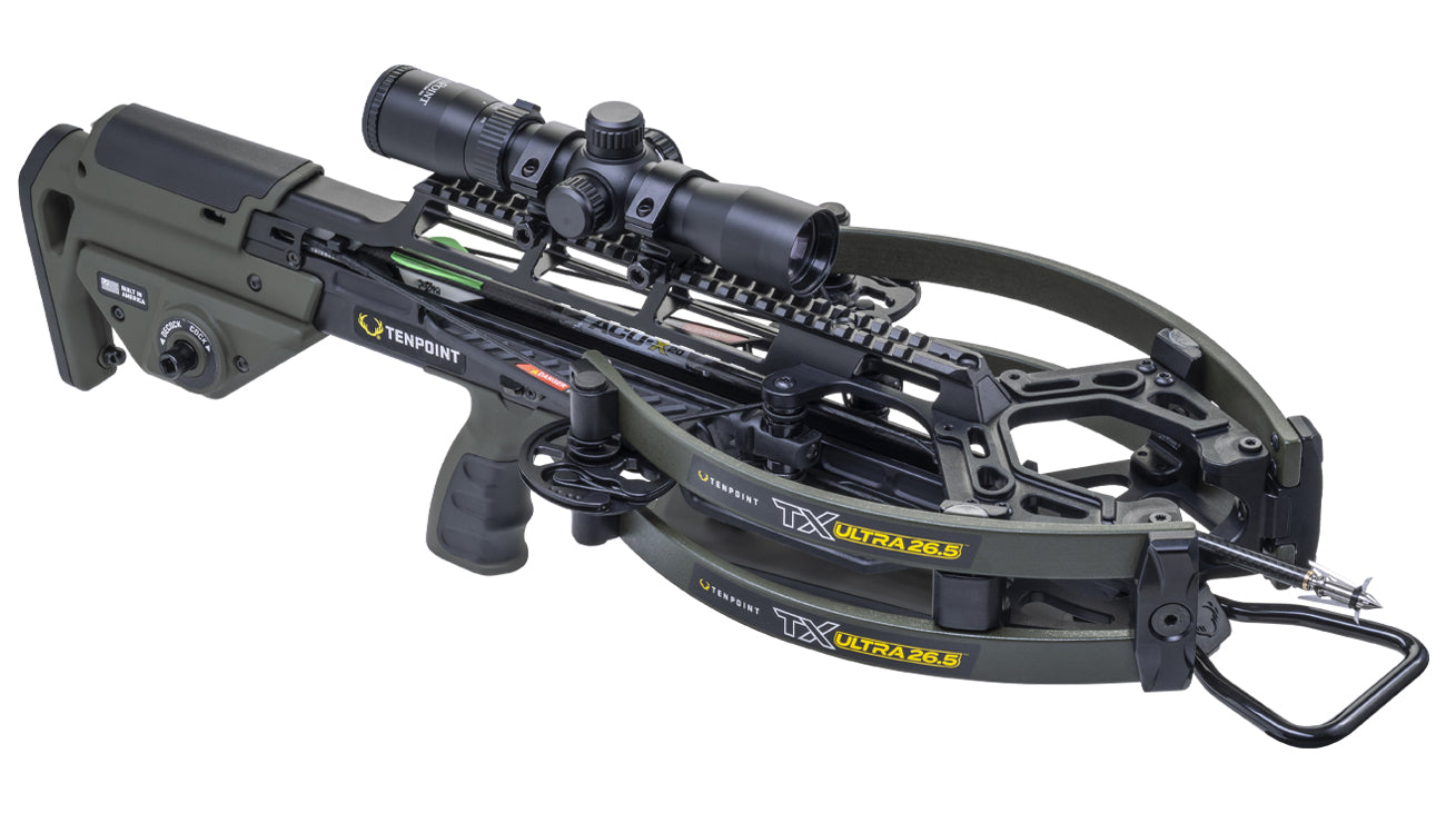 TenPoint TX Ultra 26.5 crossbow with scope mounted on white background
