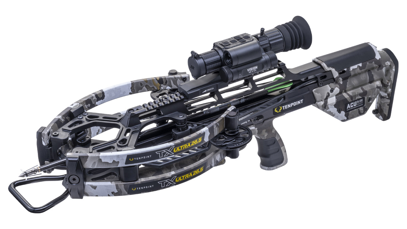 TenPoint TX Ultra 26.5 Vision crossbow with scope mounted, 410 FPS high-speed hunting crossbow