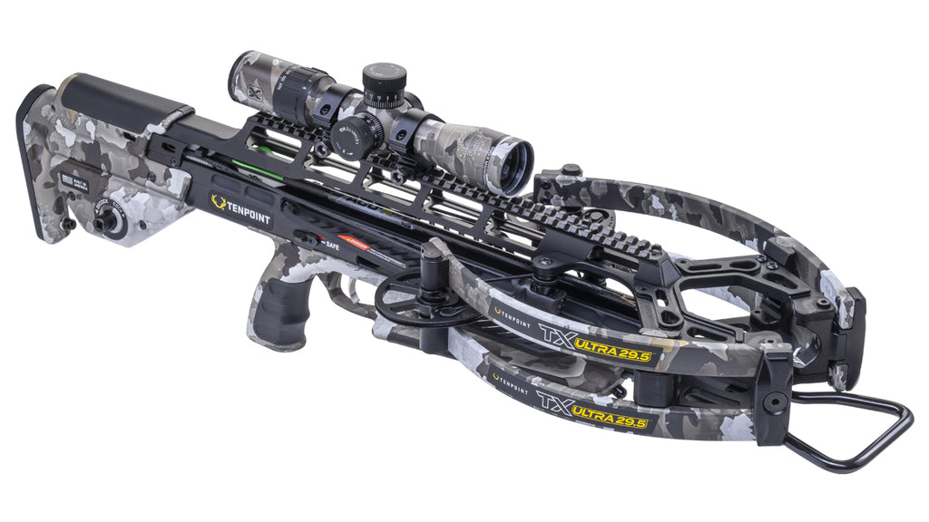 TenPoint TX Ultra 29.5 crossbow with scope mounted, high-performance hunting crossbow