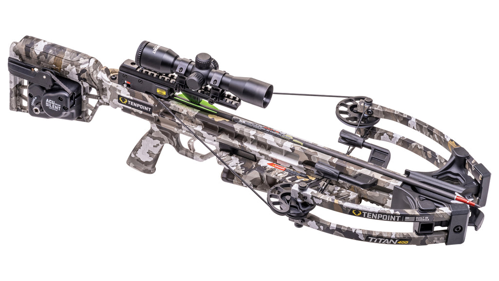 TenPoint Titan 400 crossbow with scope and camo finish showing forward-draw design and 400 FPS speed