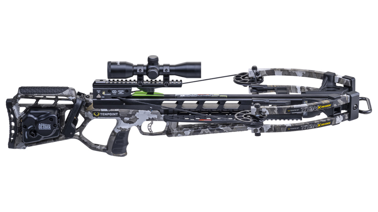 TenPoint Titan X de-cock crossbow with scope, 400 FPS forward-draw de-cock design