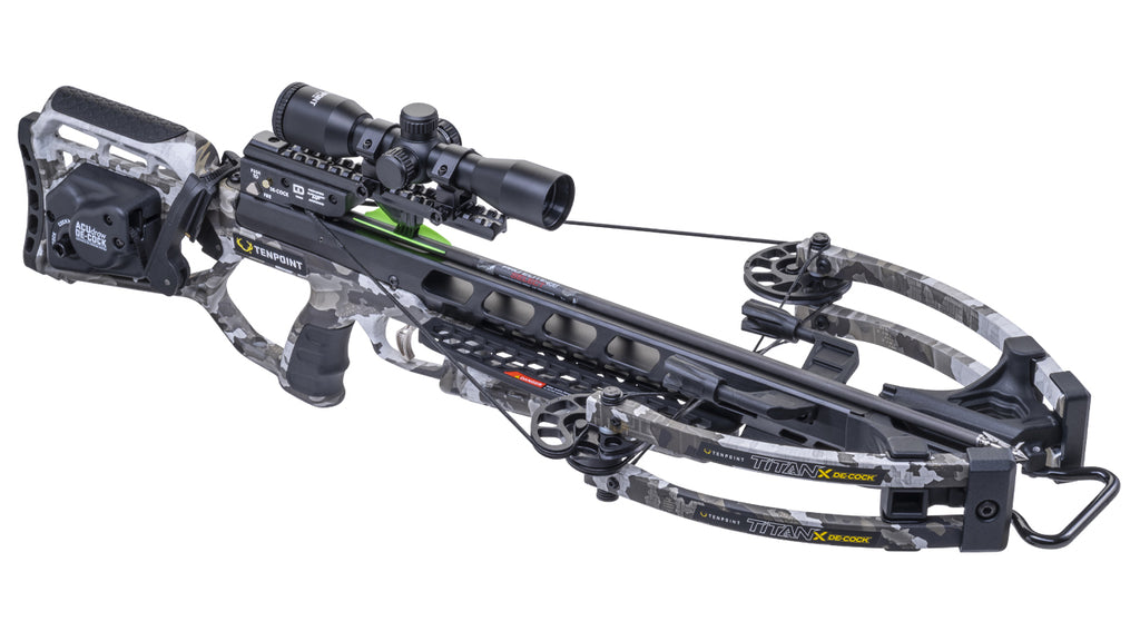 TenPoint Titan X de-cock crossbow with scope and accessories, 400 FPS forward-draw model