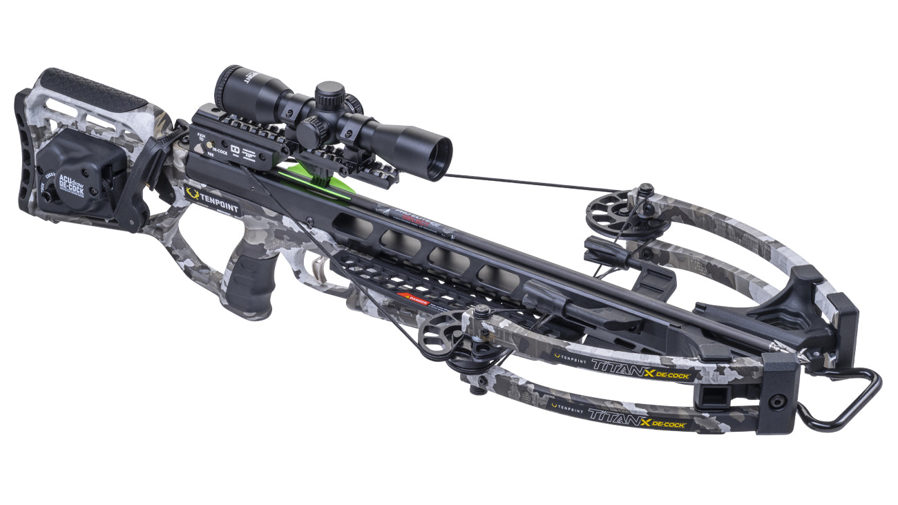 TenPoint Titan X de-cock crossbow with scope and accessories, 400 FPS forward-draw model