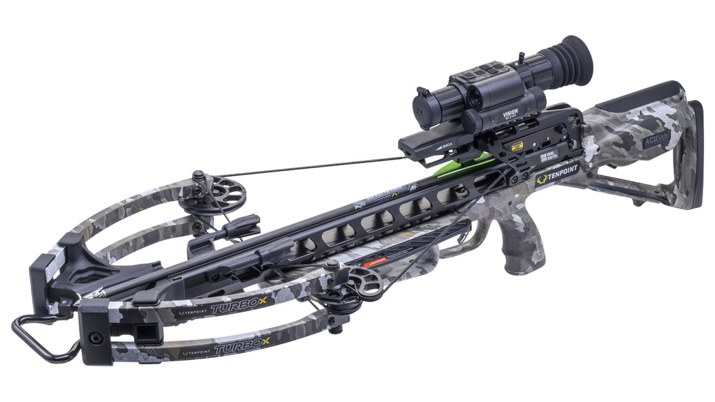 TenPoint Turbo X Vision crossbow with scope mounted, premium hunting crossbow with 415 FPS velocity