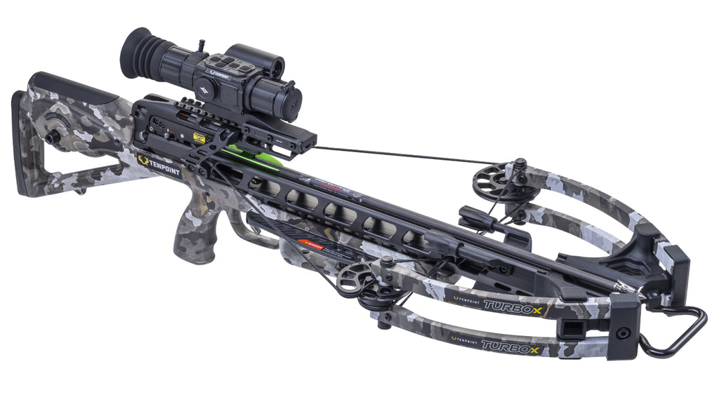 TenPoint Turbo X Vision crossbow with scope and camo finish showing 415 FPS speed and precision hunting performance