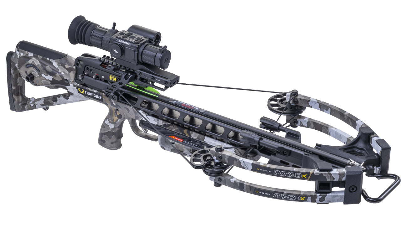 TenPoint Turbo X Vision crossbow with scope and camo finish showing 415 FPS speed and precision hunting performance