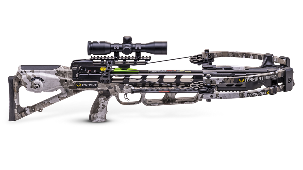 TenPoint Venom X crossbow 390 FPS forward-draw with scope and camo finish