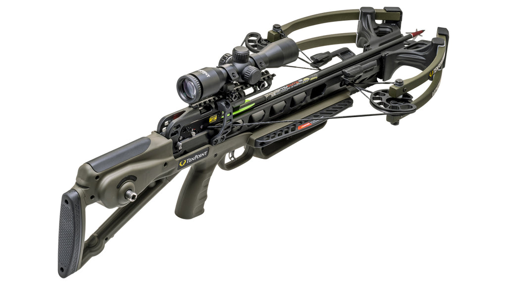 TenPoint Venom X crossbow with forward-draw design, scope mounted, 390 FPS speed for accurate hunting