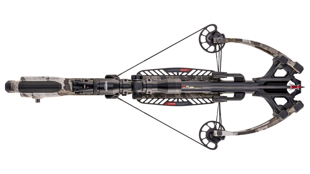 TenPoint Venom X crossbow overhead view showing forward-draw design, 390 FPS speed, and precision engineering