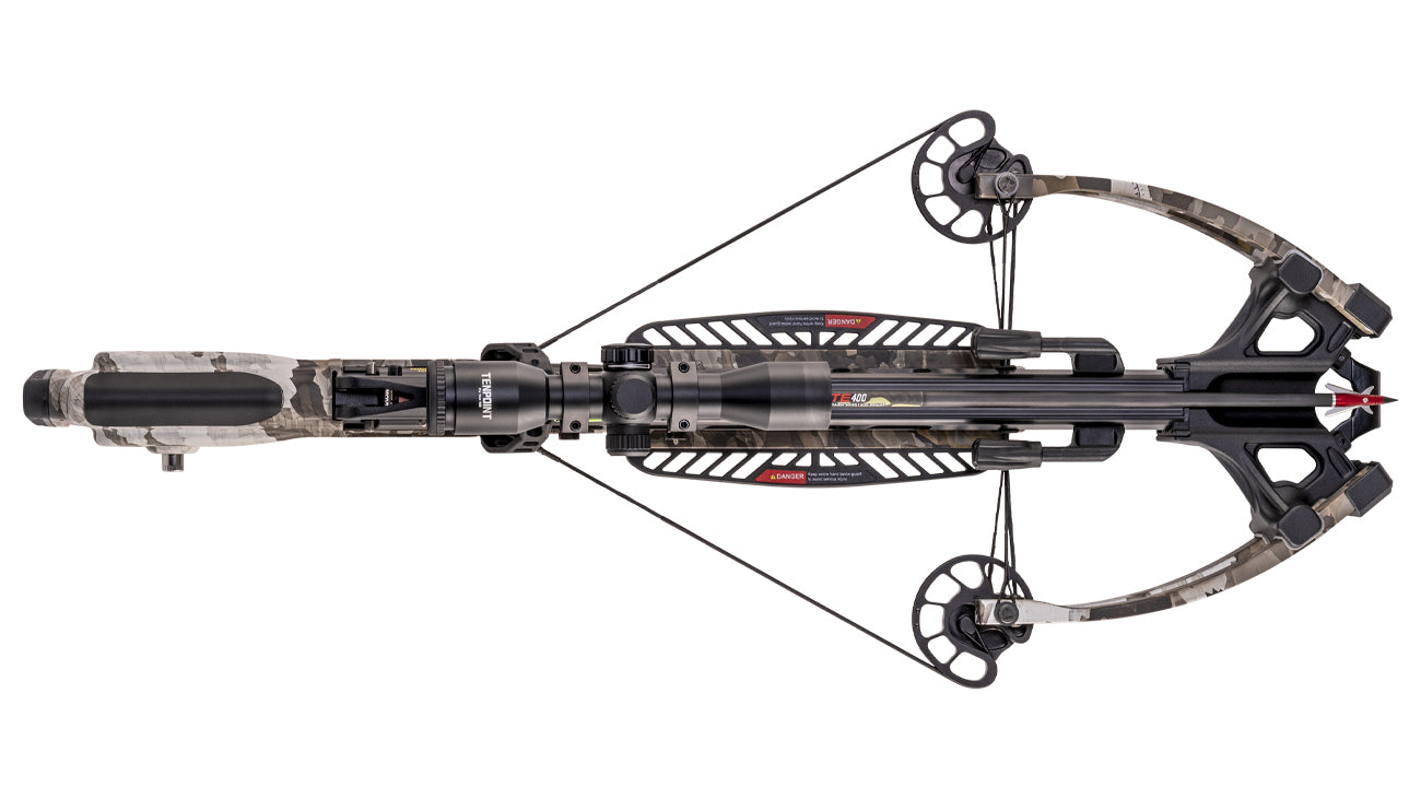 TenPoint Venom X crossbow overhead view showing forward-draw design, 390 FPS speed, and precision engineering