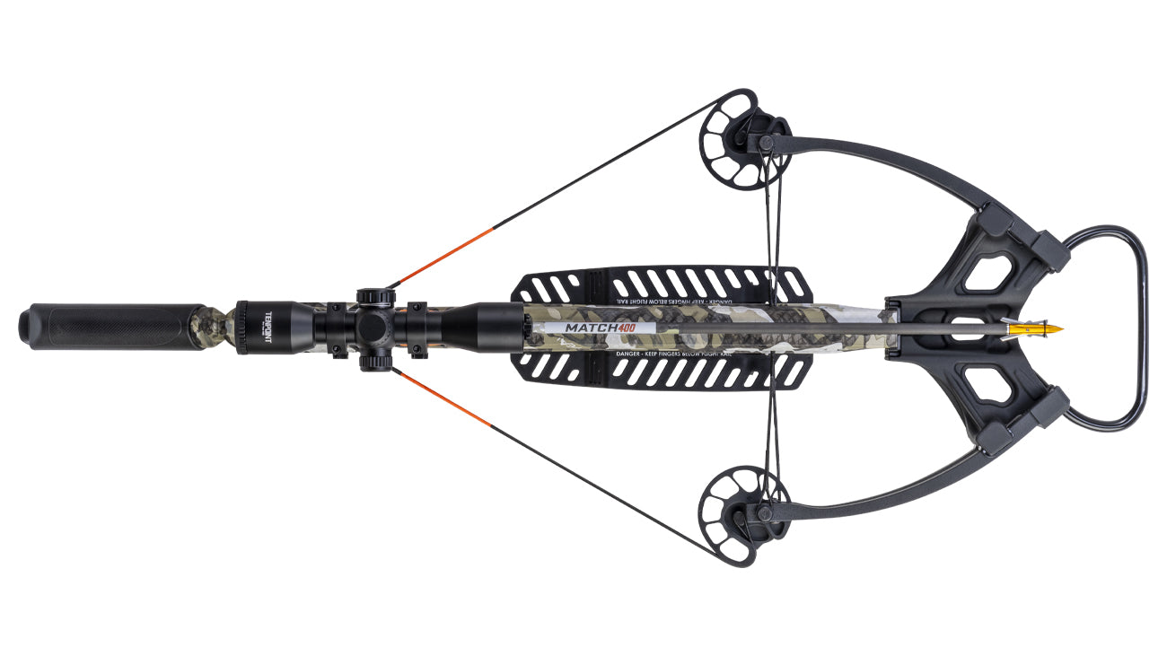 Wicked Ridge Warrior 400 crossbow with 400 FPS forward-draw design, top view showing bow assembly and limbs