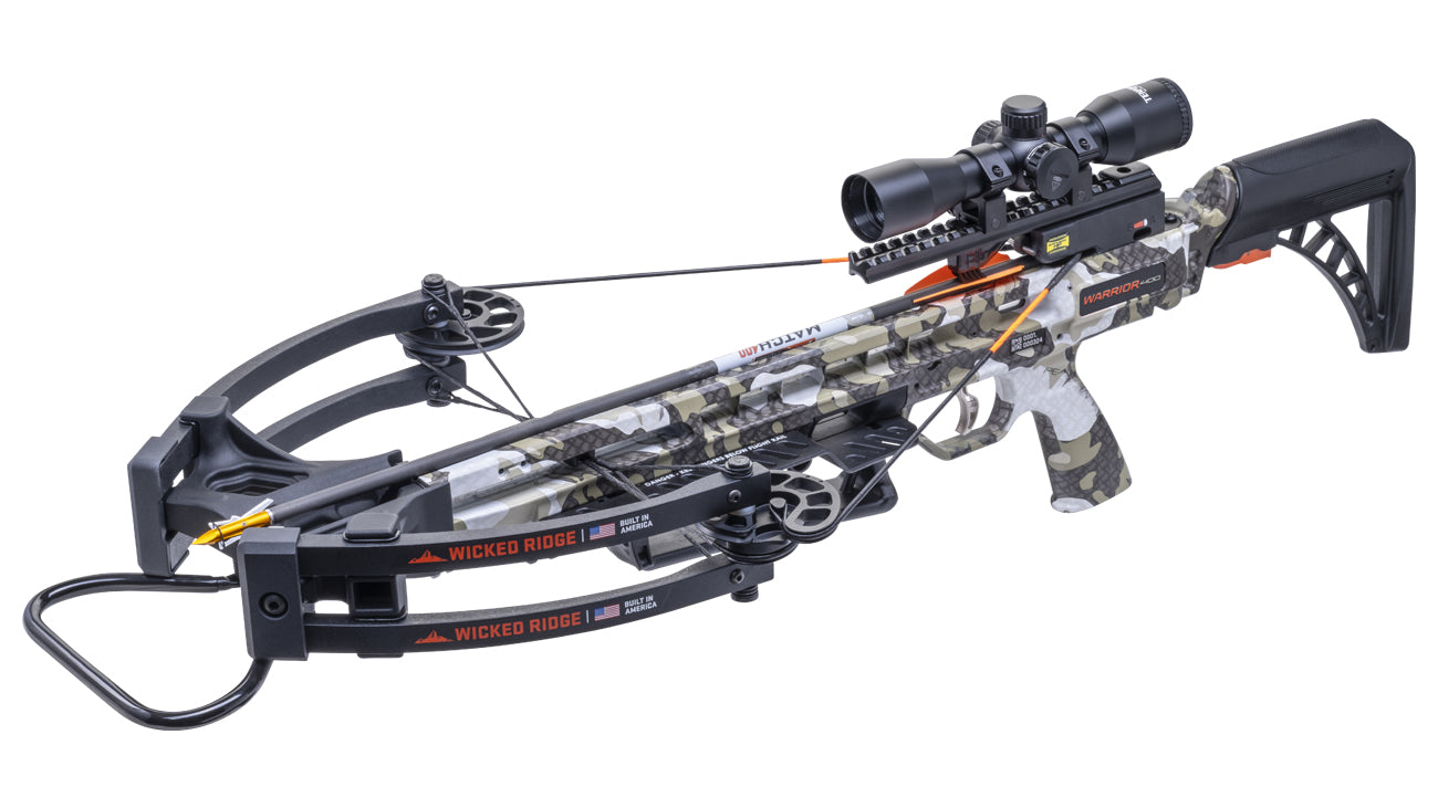 Wicked Ridge Warrior 400 crossbow with scope, forward-draw design, 400 FPS hunting crossbow