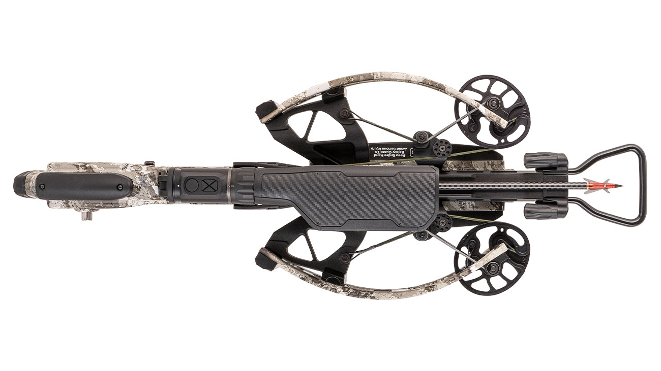 TenPoint Flatline 460 Oracle X crossbow overhead view showing reverse-draw design and rangefinding technology