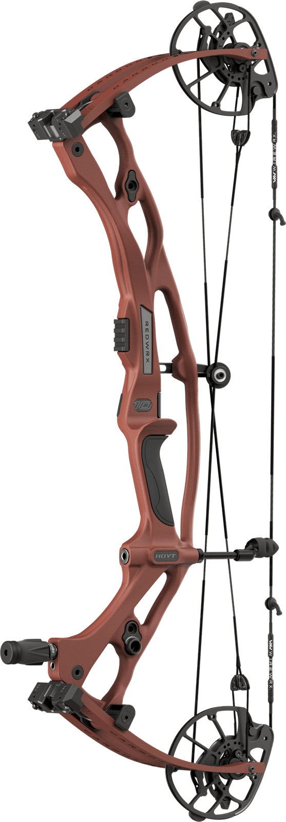 Hoyt Carbon RX-10 bow with XTS Tuning System, HBX Gen 4 cam, featuring reddish-brown riser and black compound bow wheels