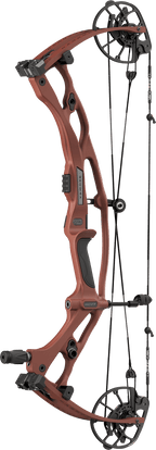 Hoyt Carbon RX-10 bow with XTS Tuning System, HBX Gen 4 cam, featuring reddish-brown riser and black compound bow wheels