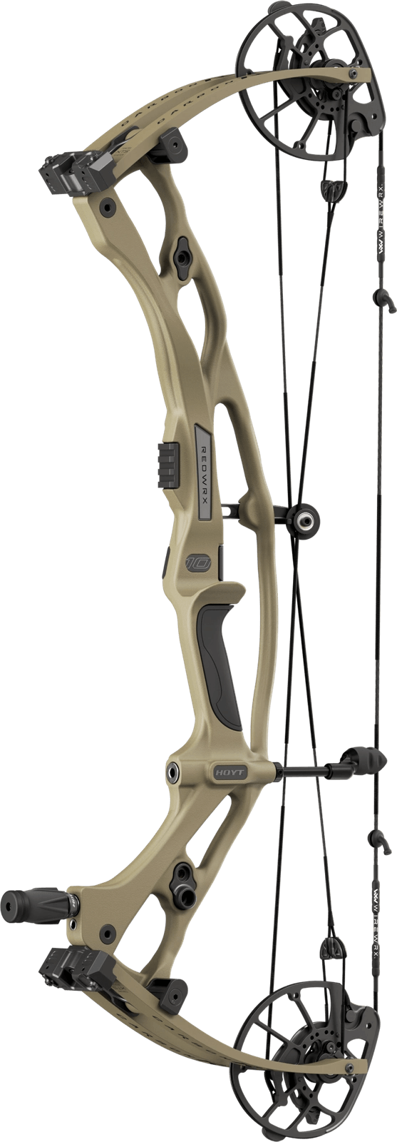 Hoyt Carbon RX-10 bow with XTS Tuning System in tan color showing riser and HBX Gen 4 cam